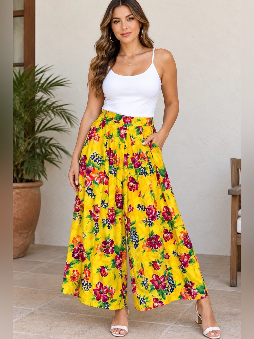 Talbots vintage women's yellow floral cotton gaucho pants split skirt pockets 14